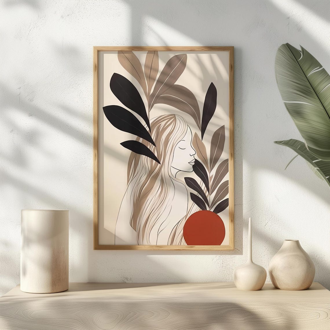 Minimalist Botanical Woman Line Art Earthy Leaves Flowing Hair Poster - Image 2