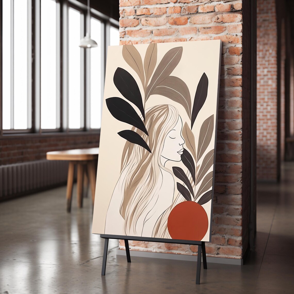 Minimalist Botanical Woman Line Art Earthy Leaves Flowing Hair Poster - Image 6