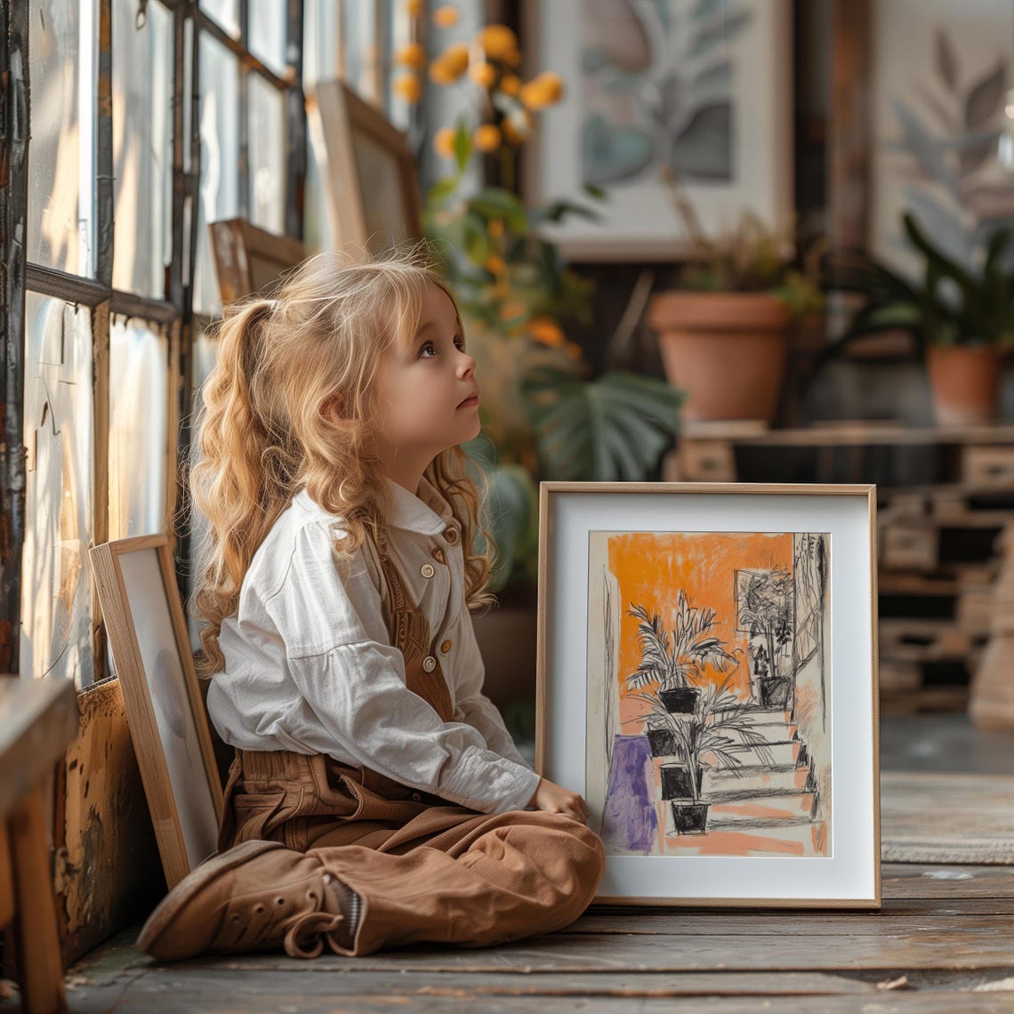 Potted Plants Charcoal Sketch Bold Orange Wall Interior Art Poster - Image 3
