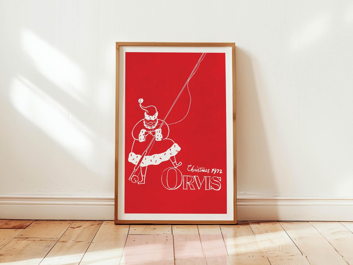 Retro Fishing Christmas Art Print, Holiday Angler Decor