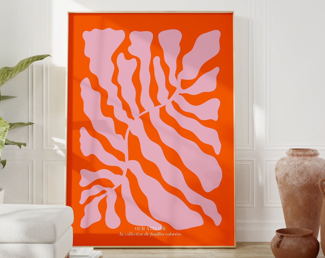 Pink Orange Abstract Plant Poster, Danish Pastel Print
