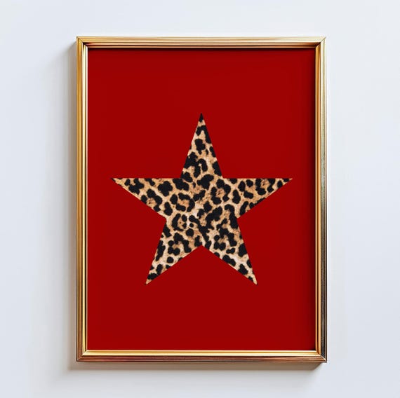 Red Leopard Star Wall Art Bold Animal Print Glam Retro Poster For Dorms Or Apartments