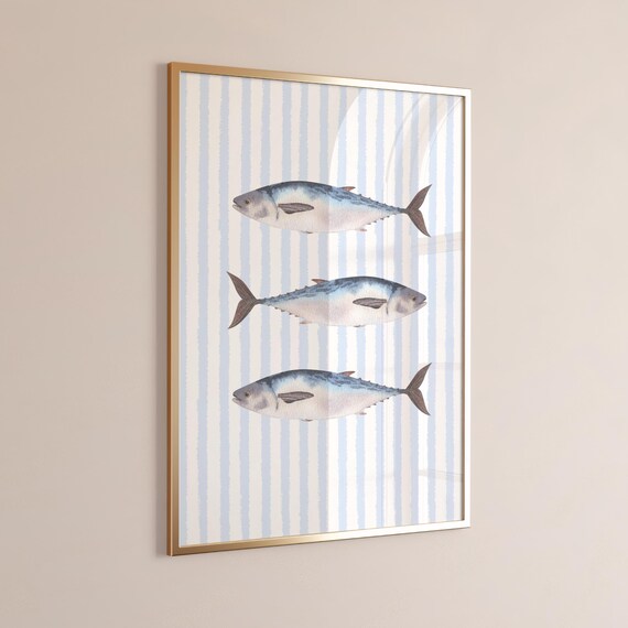 Fish On Blue Stripe Wall Art Nautical Beachy Print Coastal Kitchen Living Room Or Bedroom Decor Ocean Theme