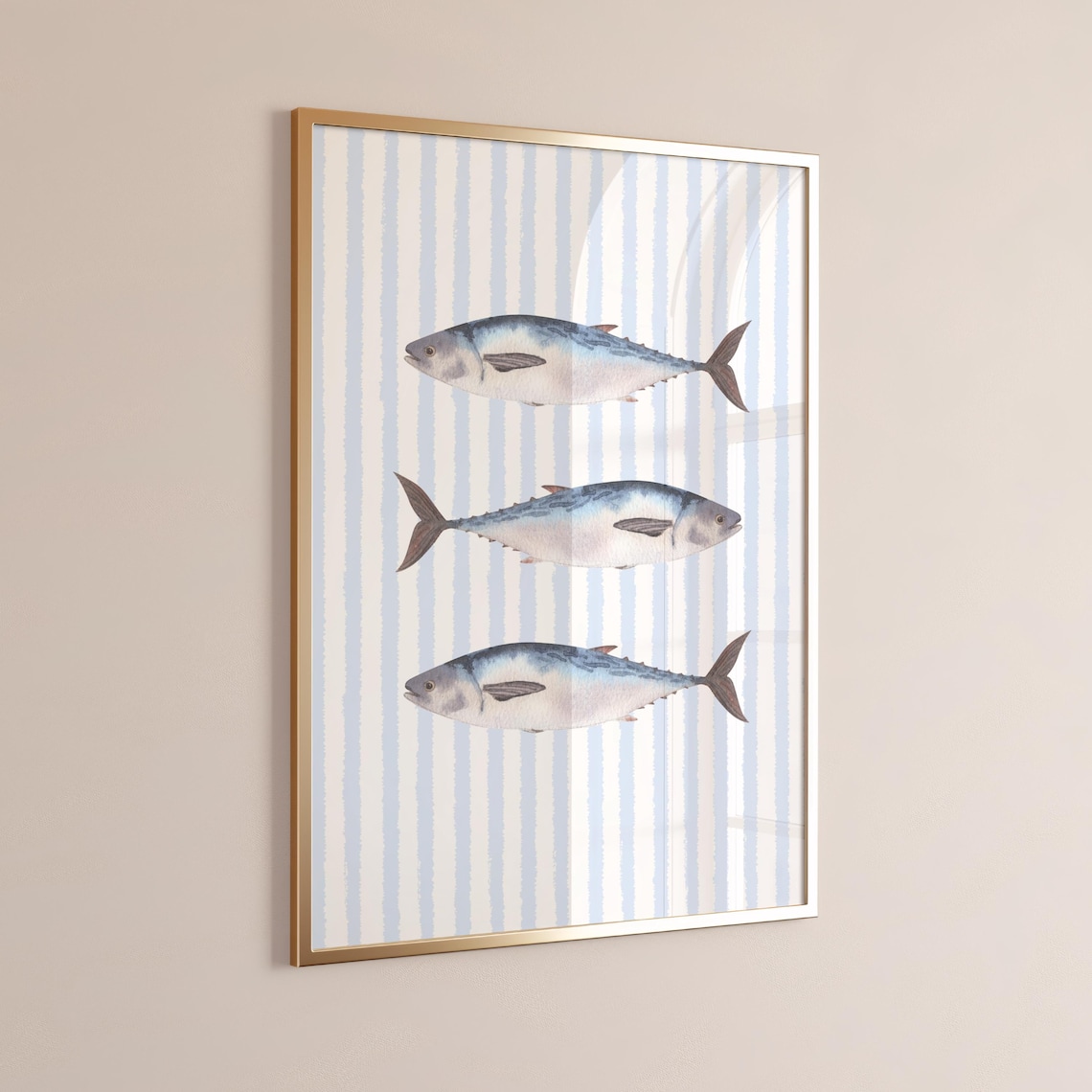 Three Fish Watercolor On Blue Stripes Coastal Seafood Art Poster