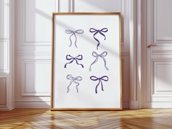 Six Purple Ribbon Bows Line Art Set Minimalist Coquette Art Poster