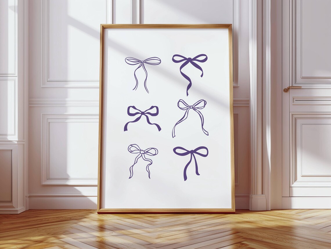 Six Purple Ribbon Bows Line Art Set Minimalist Coquette Art Poster