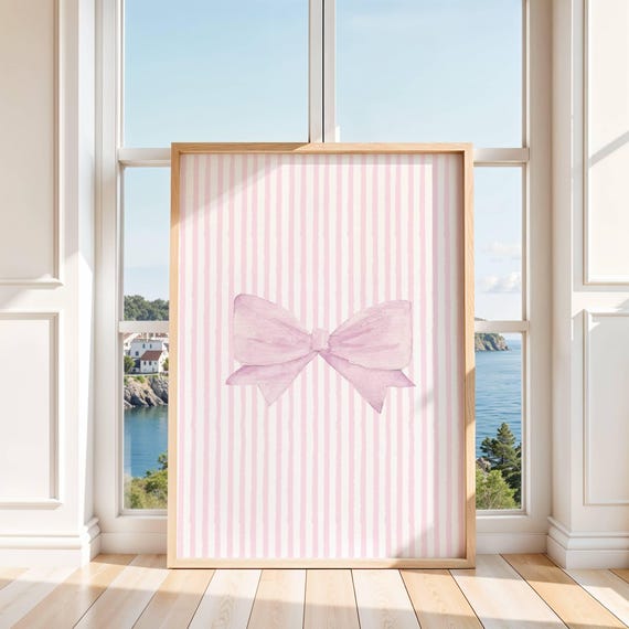 Pink Striped Bow Wall Art Coquette Girly Dorm Room Decor Cute Feminine Print