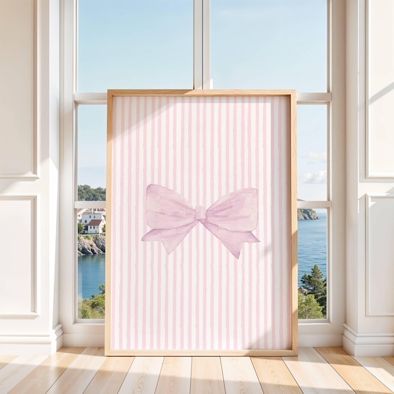 Pink Watercolor Bow on Pink Stripes Coquette Bedroom Decor Poster