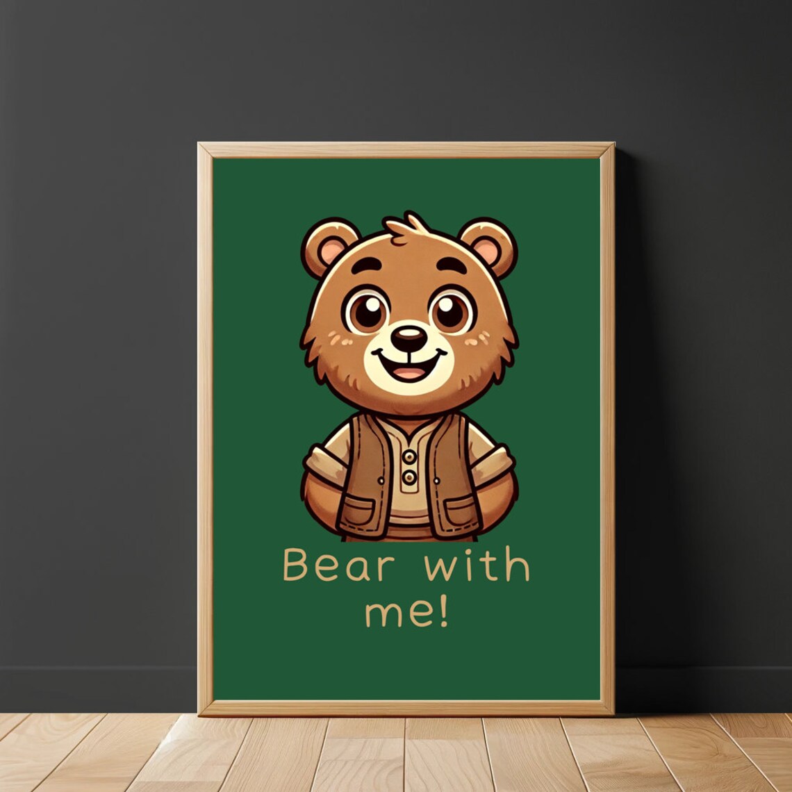 Bear With Me Cute Brown Teddy Bear Forest Green Nursery Room Wall Art - Image 2