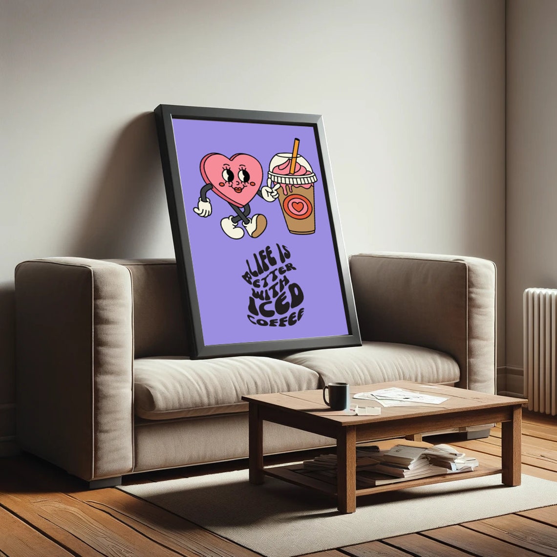 Life Is Better With Iced Coffee Retro Heart Mascot Wall Poster