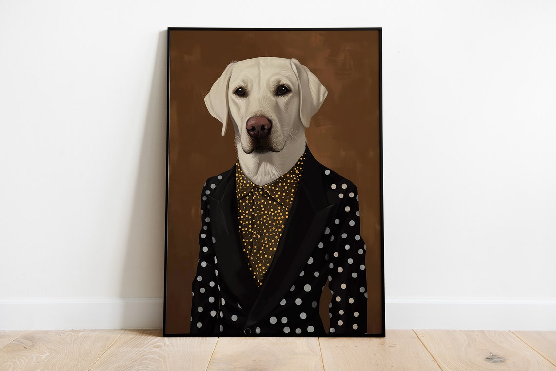 Cream Labrador Dog in Stylish Polka Dot Suit Portrait Poster