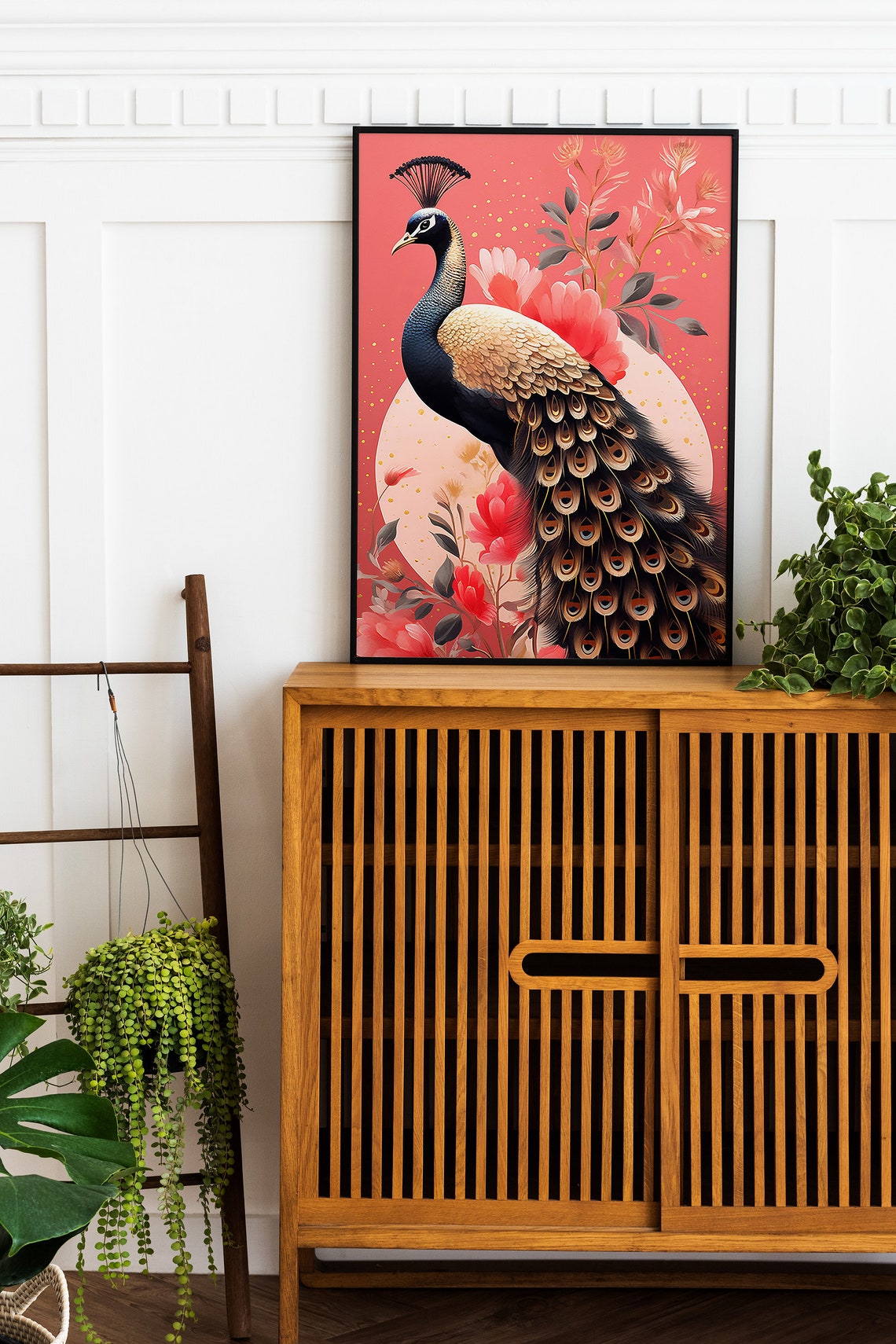 Elegant Peacock on Coral Pink Background with Floral Blooms Poster - Image 3