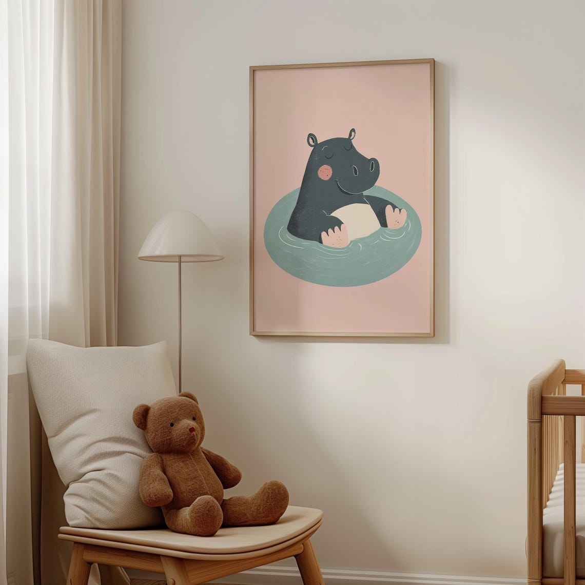 Cute Happy Hippo Soaking in a Pool Blush Pink Nursery Poster - Image 4