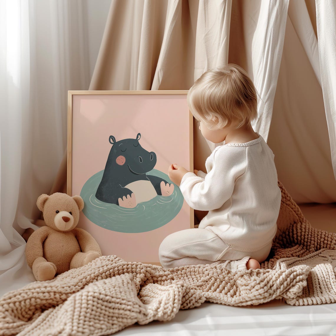 Cute Happy Hippo Soaking in a Pool Blush Pink Nursery Poster - Image 5