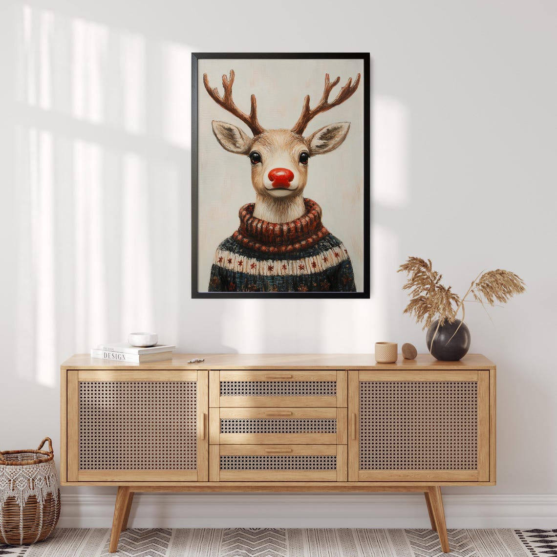 Adorable Red Nosed Reindeer in Cozy Knit Christmas Sweater Poster - Image 4
