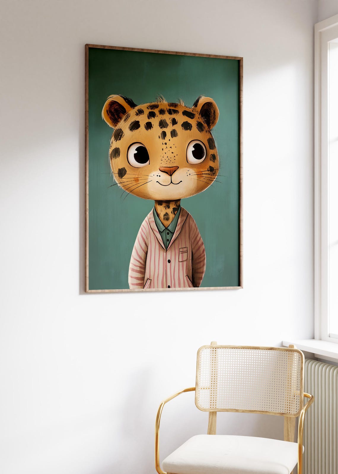 Adorable Spotted Big Cat Cub in Striped Pajamas Green Poster - Image 3