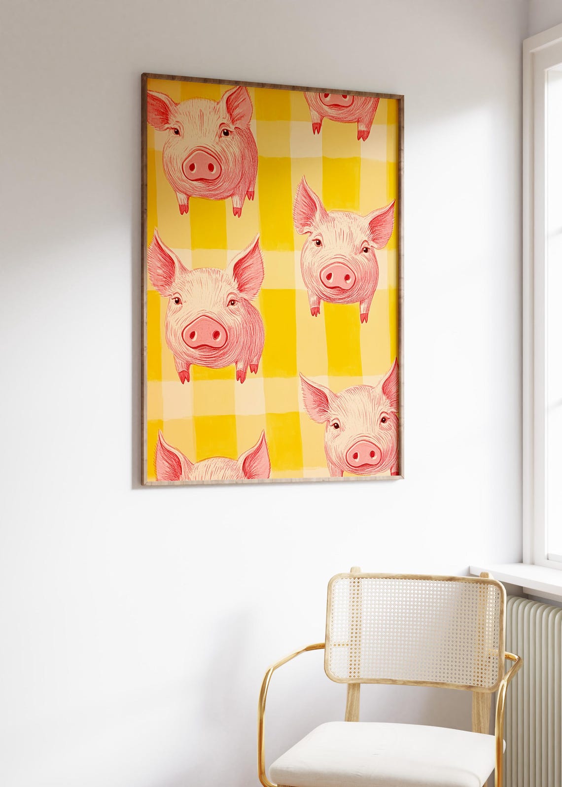Cute Pink Piglet Faces on Yellow Gingham Check Pattern Poster - Image 3