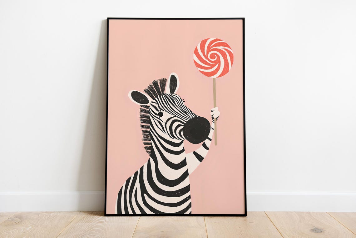 Cute Zebra Holding a Swirly Red Lollipop Pink Nursery Poster