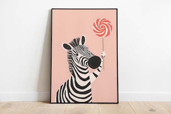Cute Zebra Holding a Swirly Red Lollipop Pink Nursery Poster