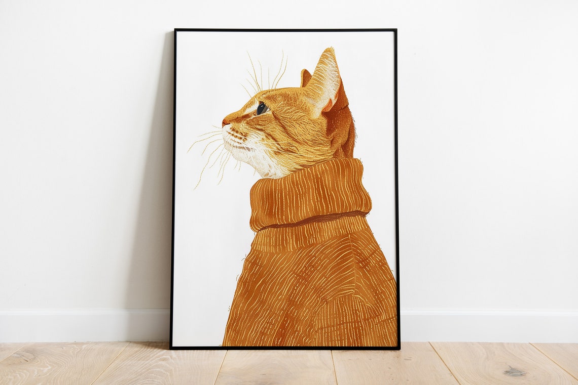 Ginger Tabby Cat in Cozy Mustard Turtleneck Illustration Poster