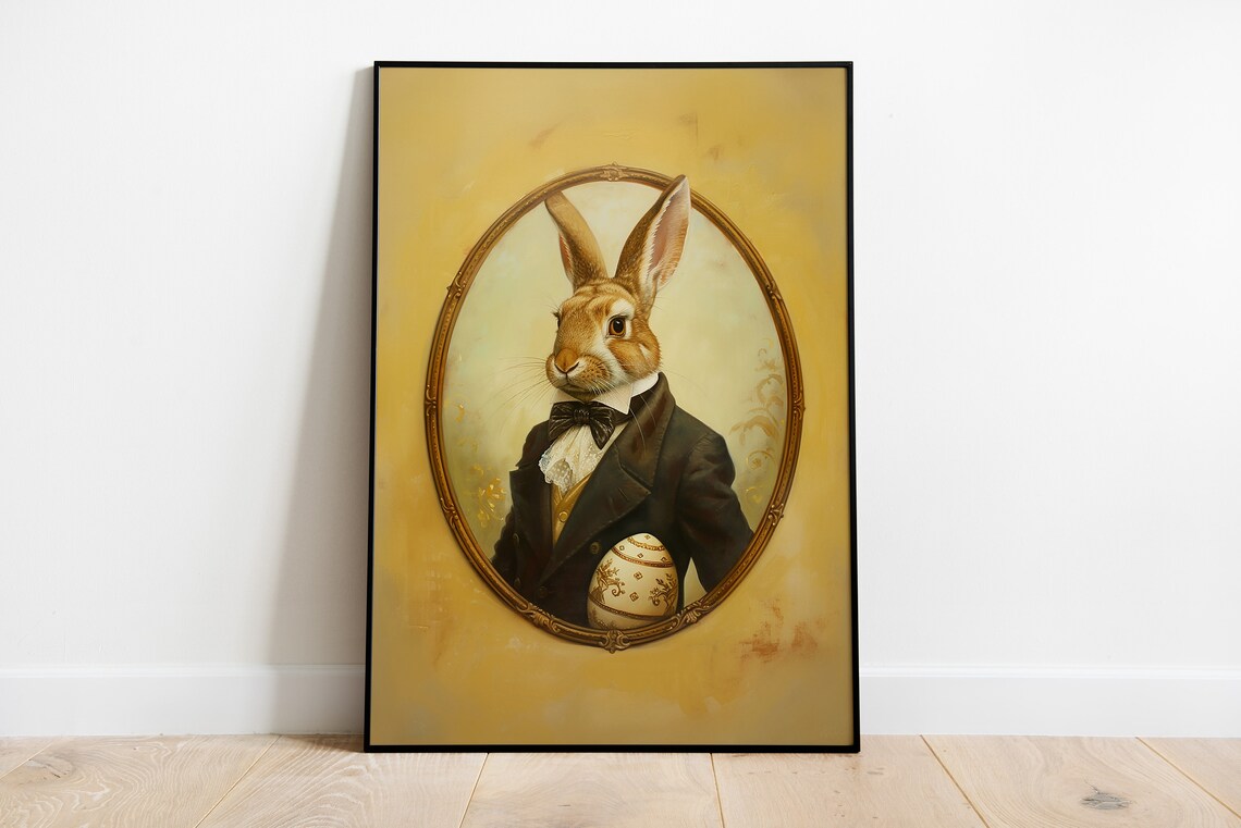 Victorian Gentleman Hare in Black Tuxedo Golden Easter Portrait Poster