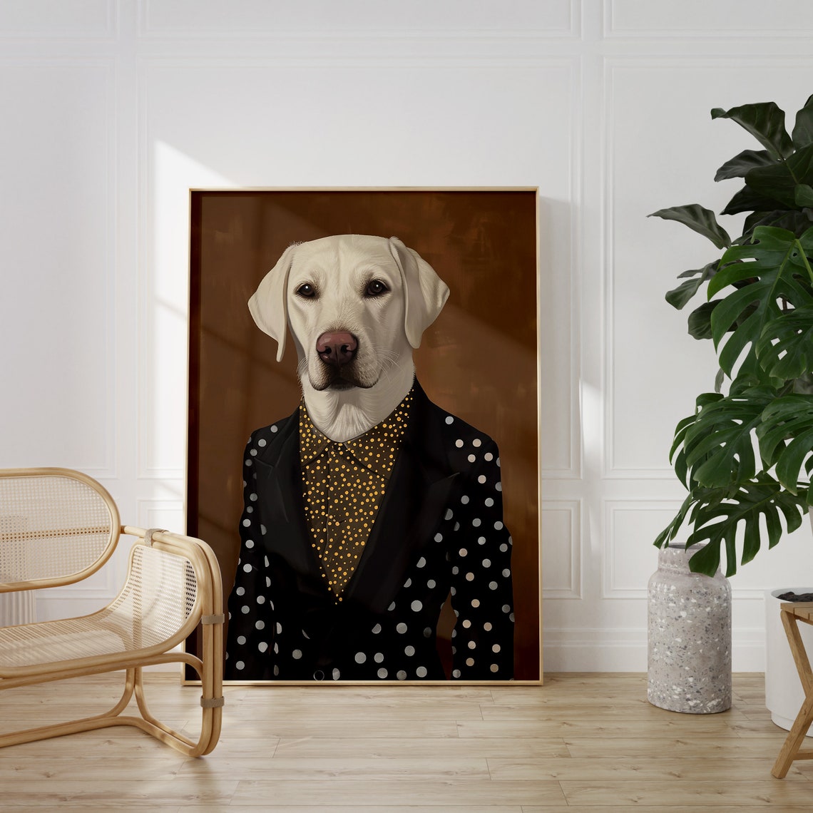 Cream Labrador Dog in Stylish Polka Dot Suit Portrait Poster - Image 4