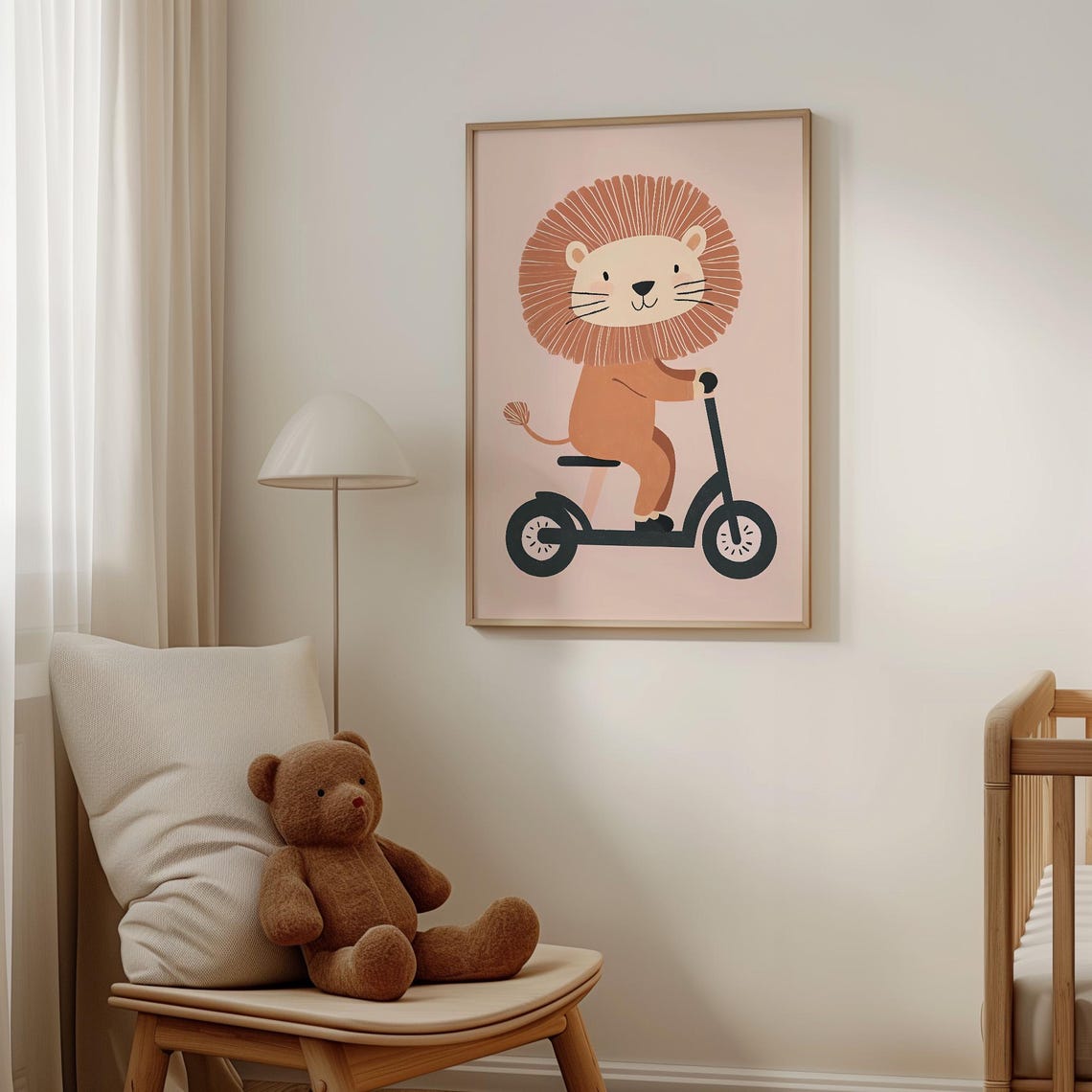 Adorable Cute Lion Riding a Scooter Blush Pink Nursery Poster - Image 4