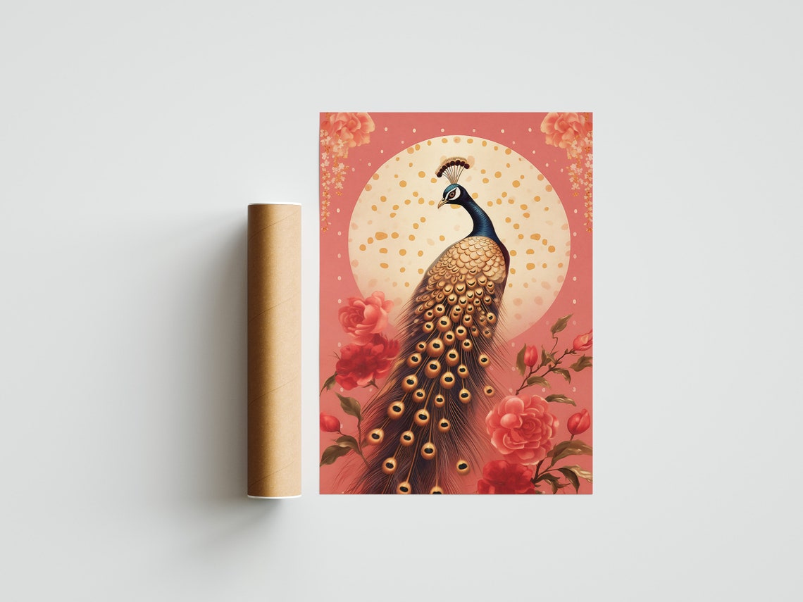 Elegant Golden Peacock under Full Moon Pink Floral Art Poster - Image 2