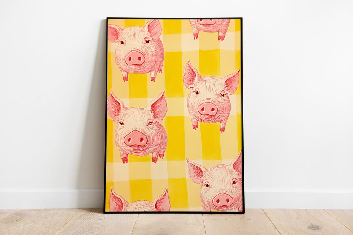 Cute Pink Piglet Faces on Yellow Gingham Check Pattern Poster