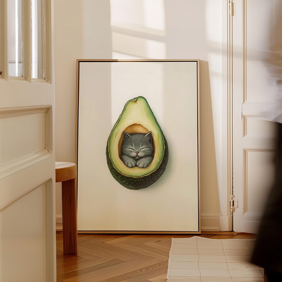 Sleeping Kitten Inside Avocado Half Whimsical Cute Cat Animal Wall Art