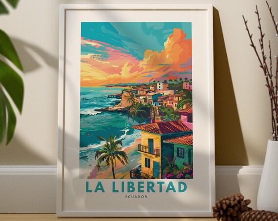 La Libertad Ecuador Coastal Sunset Palm Beach Town Travel Poster
