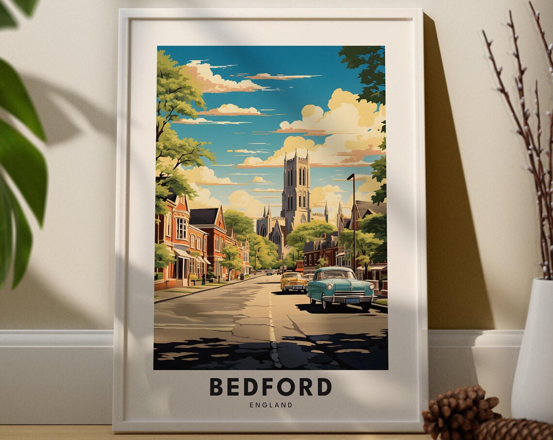 Bedford England Tree Lined Street Church Tower Classic Cars Poster