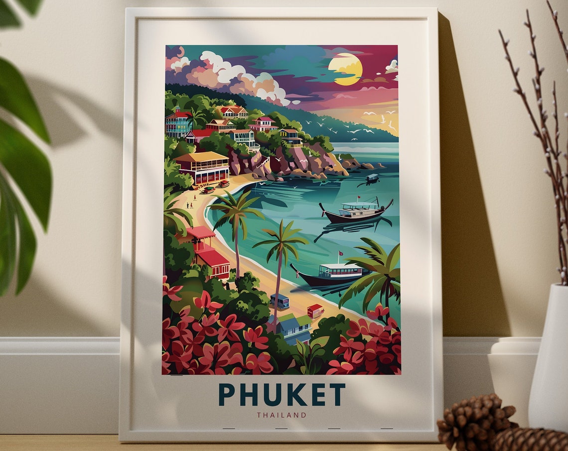 Phuket Thailand Tropical Bay Sunset Moonlit Vintage Travel Poster