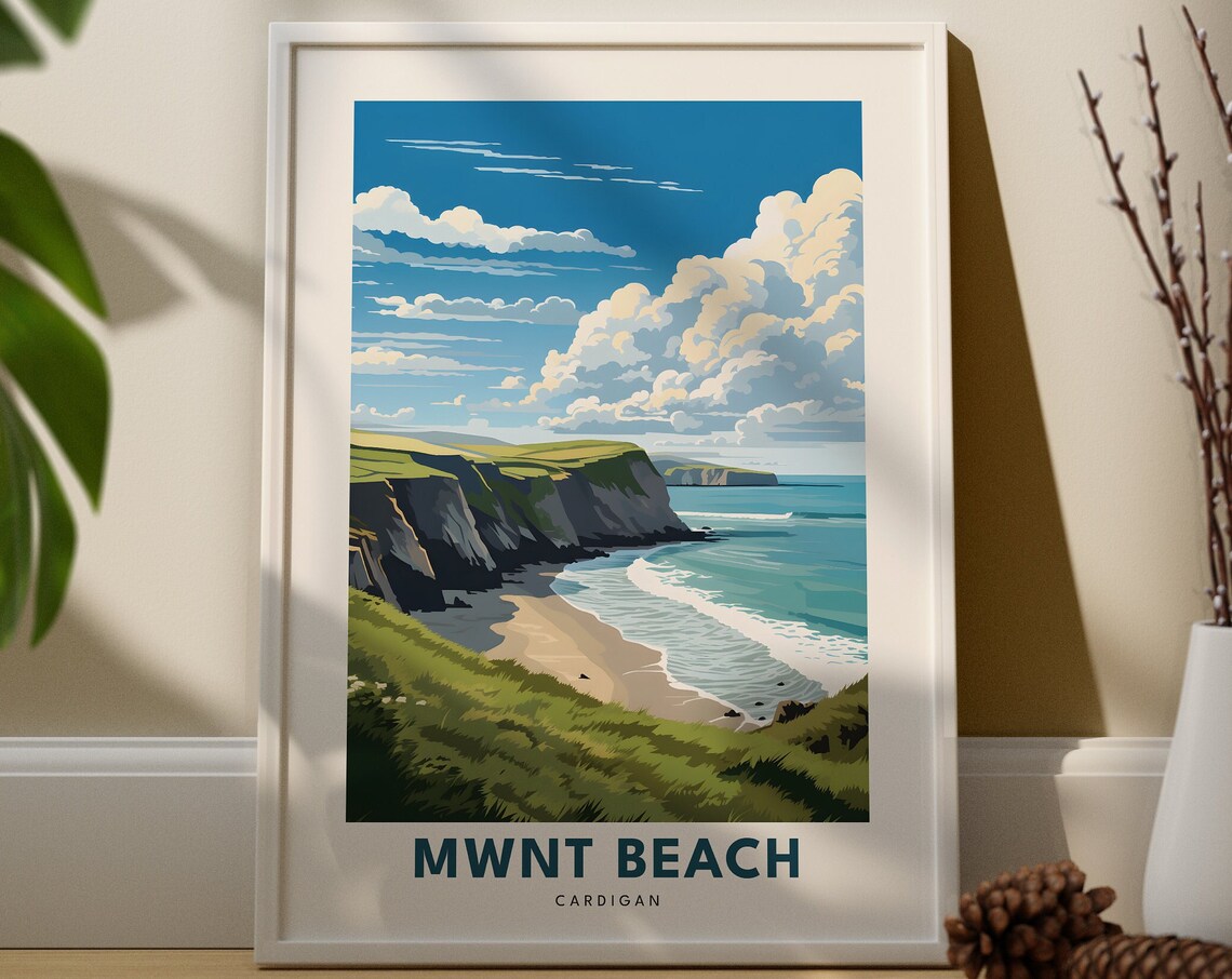 Mwnt Beach Cardigan Coastal Cliffs and Sea Retro Travel Poster Art