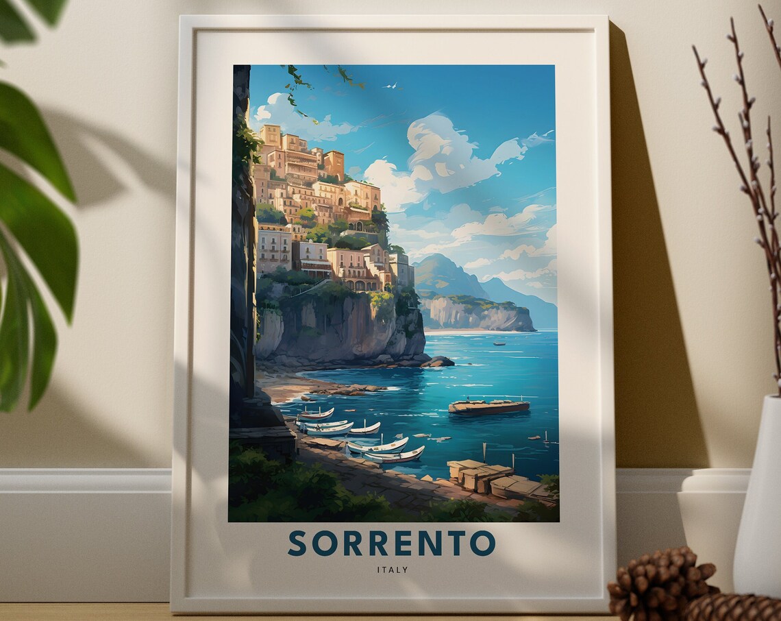Sorrento Italy Cliffside Town and Boats Coastal Travel Poster