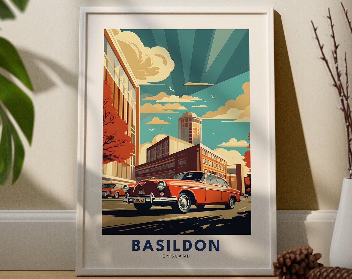 Basildon England Retro Travel Poster With Classic Red Car And City Skyline