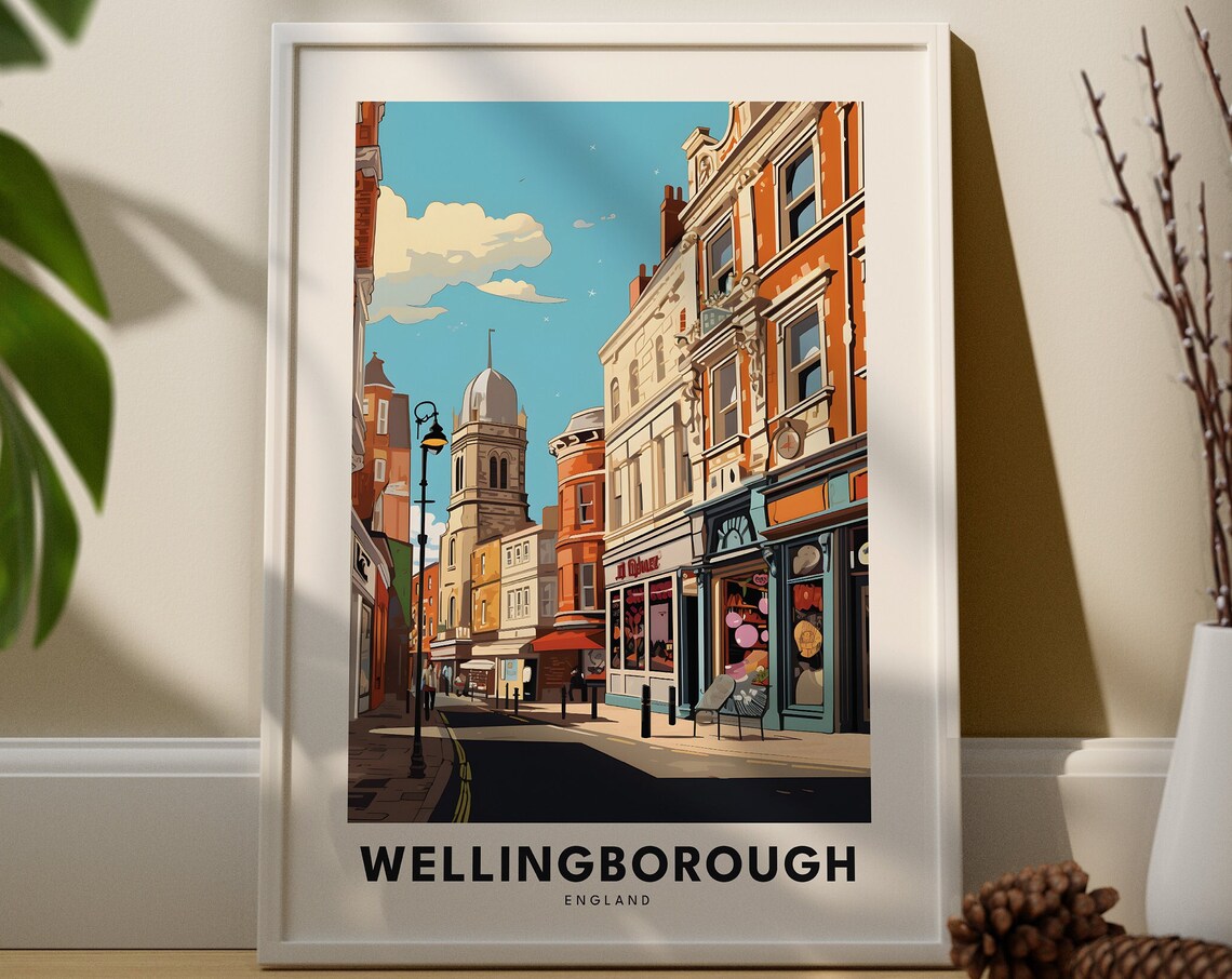 Wellingborough England Vintage High Street Scene Travel Poster
