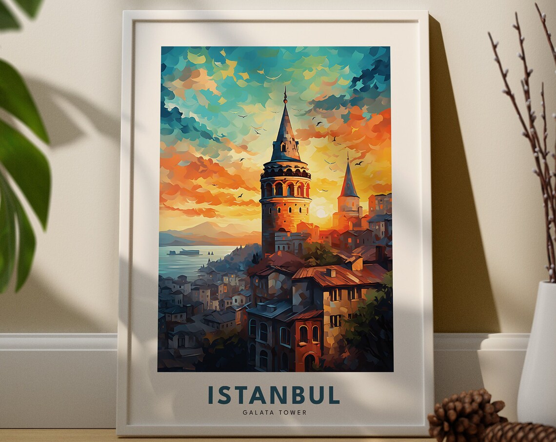 Istanbul Galata Tower Sunset Skyline Colorful Travel Poster Art