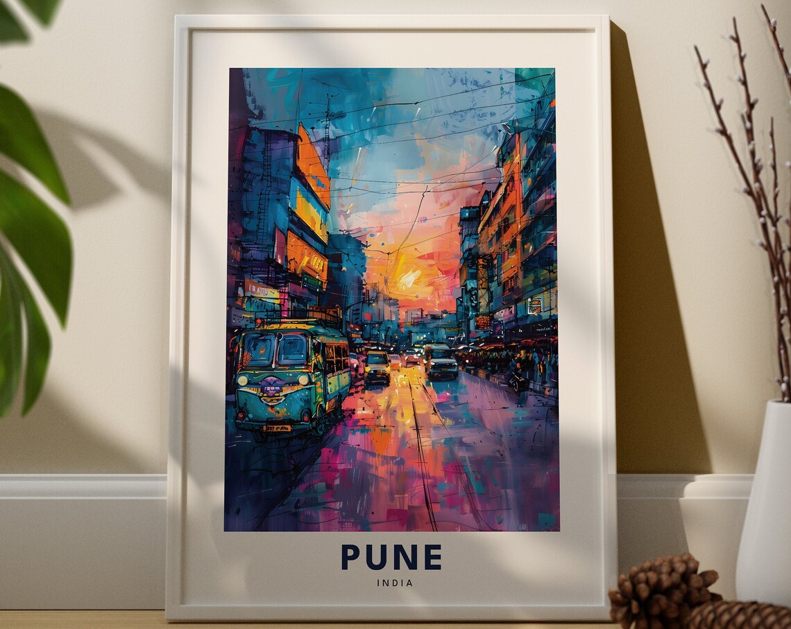 Pune India Bustling Street Scene Travel Poster Colorful Sunset Cityscape