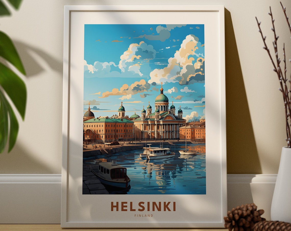 Helsinki Finland Cathedral Harbor Boats Vintage Travel Poster