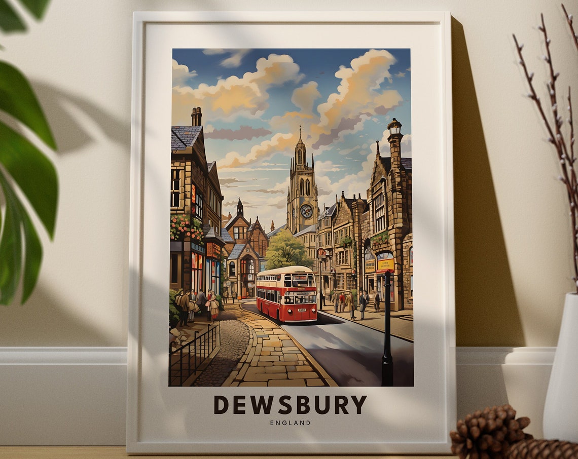 Dewsbury England Clock Tower Red Bus Cobbled Street Travel Poster