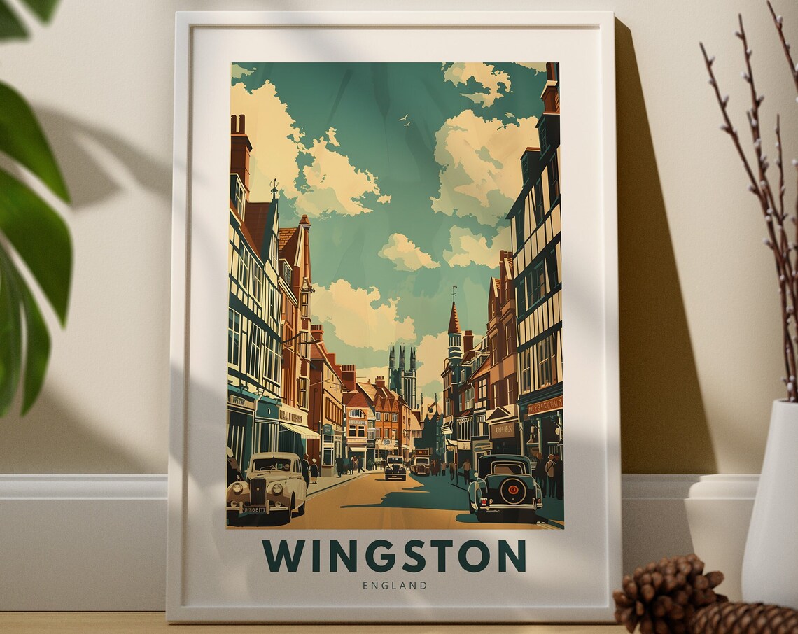 Wingston England Vintage High Street Classic Cars Retro Travel Poster