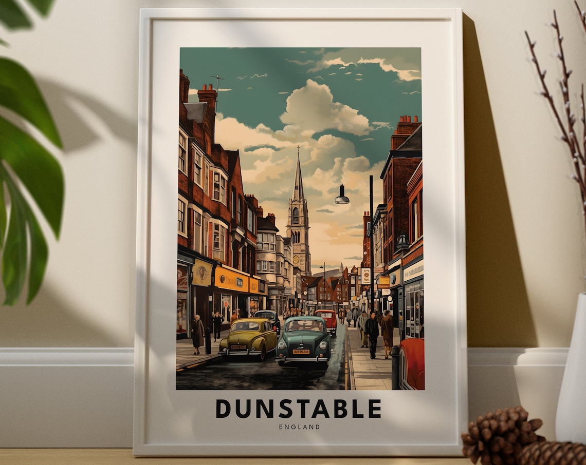 Dunstable England Vintage Street Church Spire Classic Cars Travel Poster