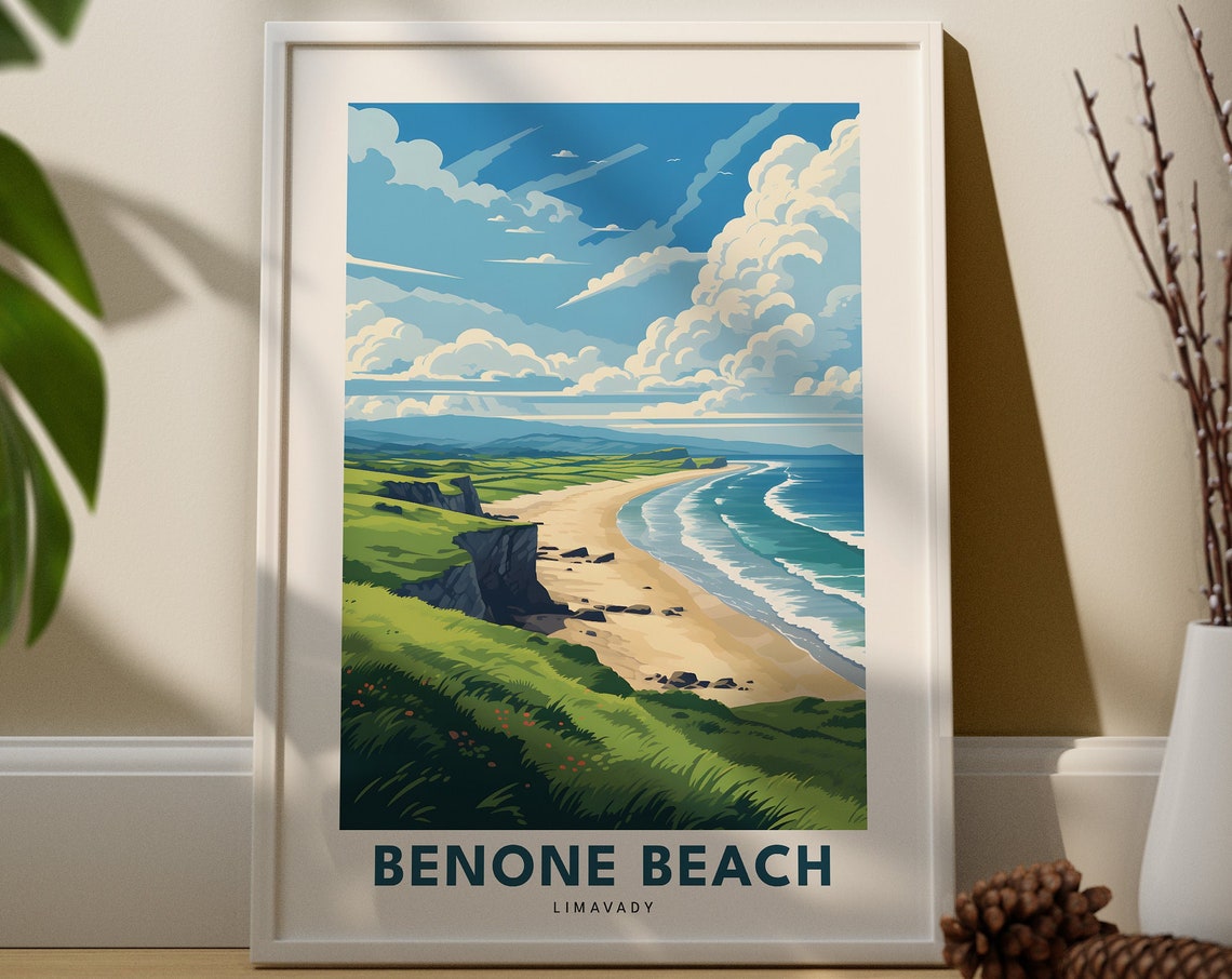 Benone Beach Limavady Retro Coastal Travel Art Poster Cliffs Waves