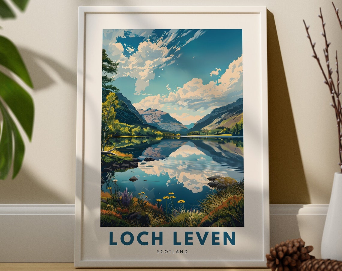 Loch Leven Scotland Travel Poster Mirror Lake Mountain Reflection Art