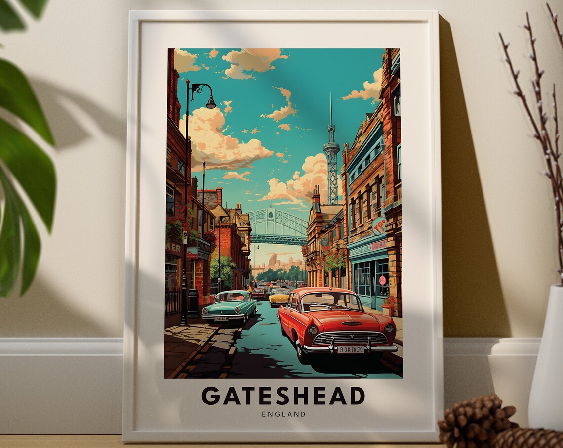Gateshead England Vintage Street Classic Cars Retro Travel Poster