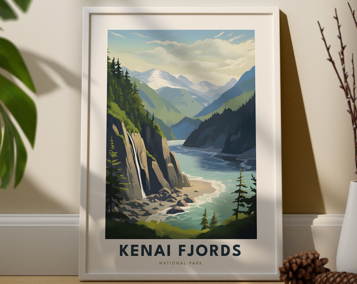Kenai Fjords National Park Alaska Fjord Waterfall Travel Poster Art