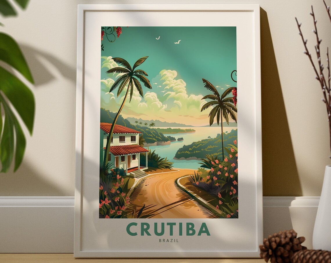 Crutiba Brazil Tropical Coast House Palm Vintage Travel Poster