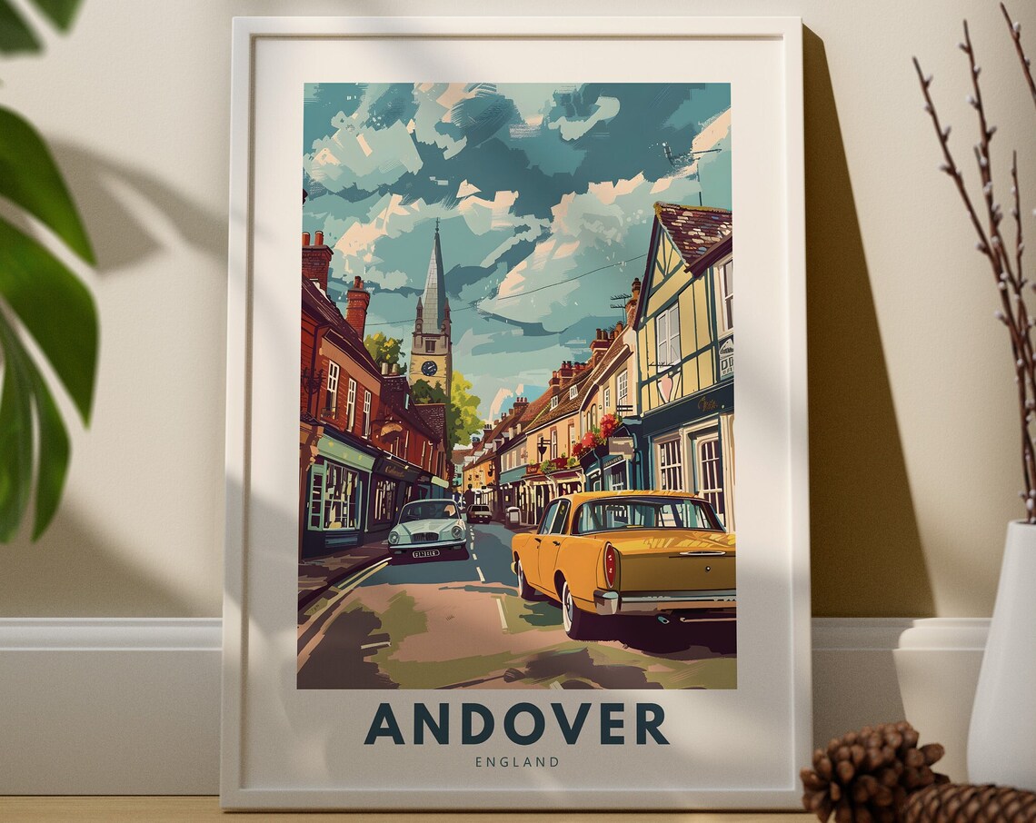 Andover England Market Town Travel Poster Classic Car Street Scene