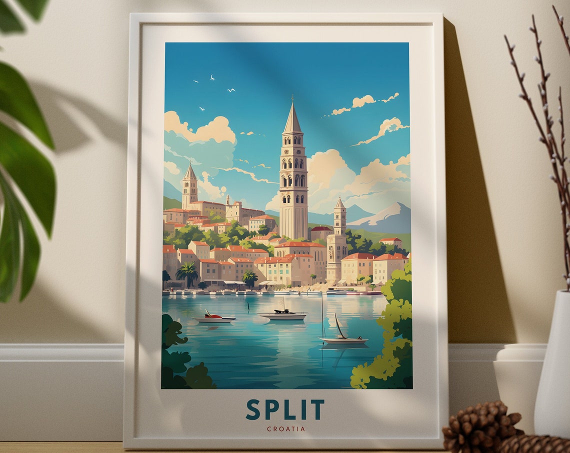 Split Croatia Harbor Bell Tower Vintage Travel Poster Adriatic View